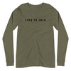 Military green gender neutral knit long-sleeve t-shirt featuring front "LIFE IS IRIE" text graphic in black.   