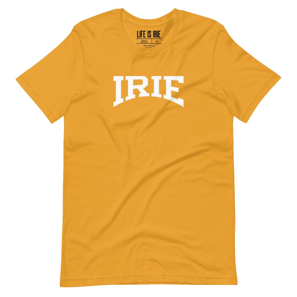 mustard-knit t-shirt featuring front "IRIE" text graphic