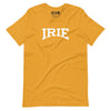 mustard-knit t-shirt featuring front "IRIE" text graphic