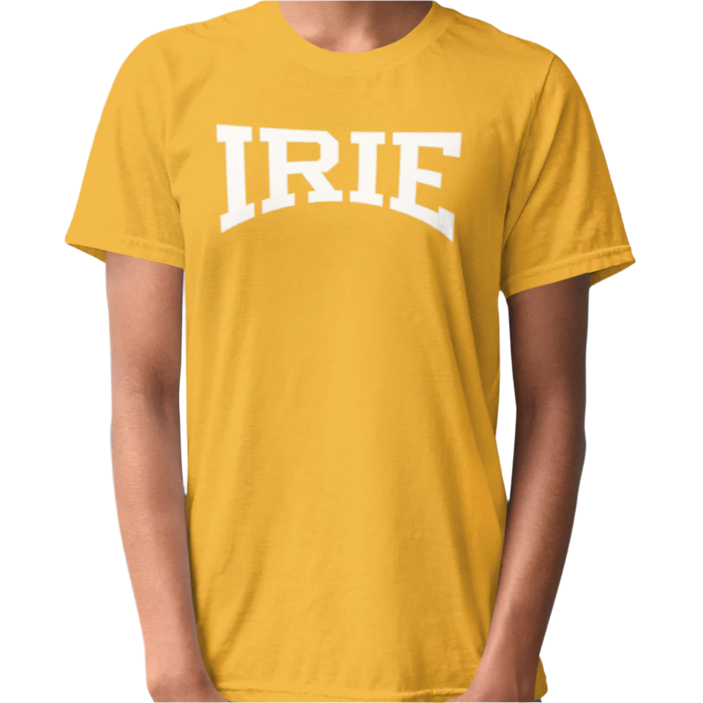 Mustard knit t-shirt featuring front "IRIE" text graphic