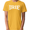 Mustard knit t-shirt featuring front "IRIE" text graphic