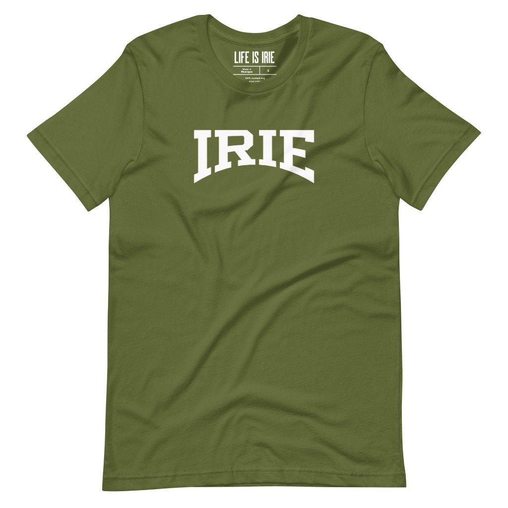 olive-knit t-shirt featuring front "IRIE" text graphic