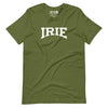 olive-knit t-shirt featuring front "IRIE" text graphic