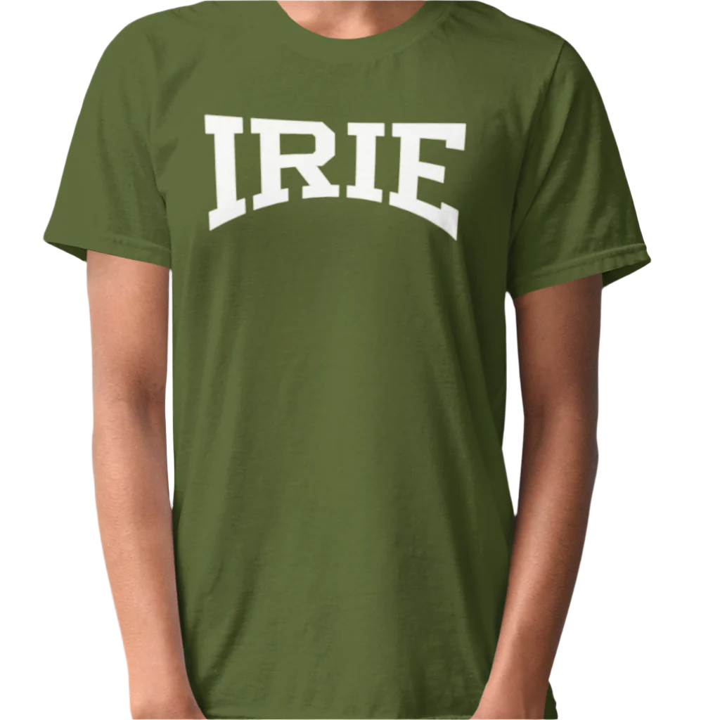 Olive knit t-shirt featuring front "IRIE" text graphic