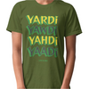 Olive knit t-shirt featuring front text graphic "Yardi, Yawdi, Yahdi, Yaadi"