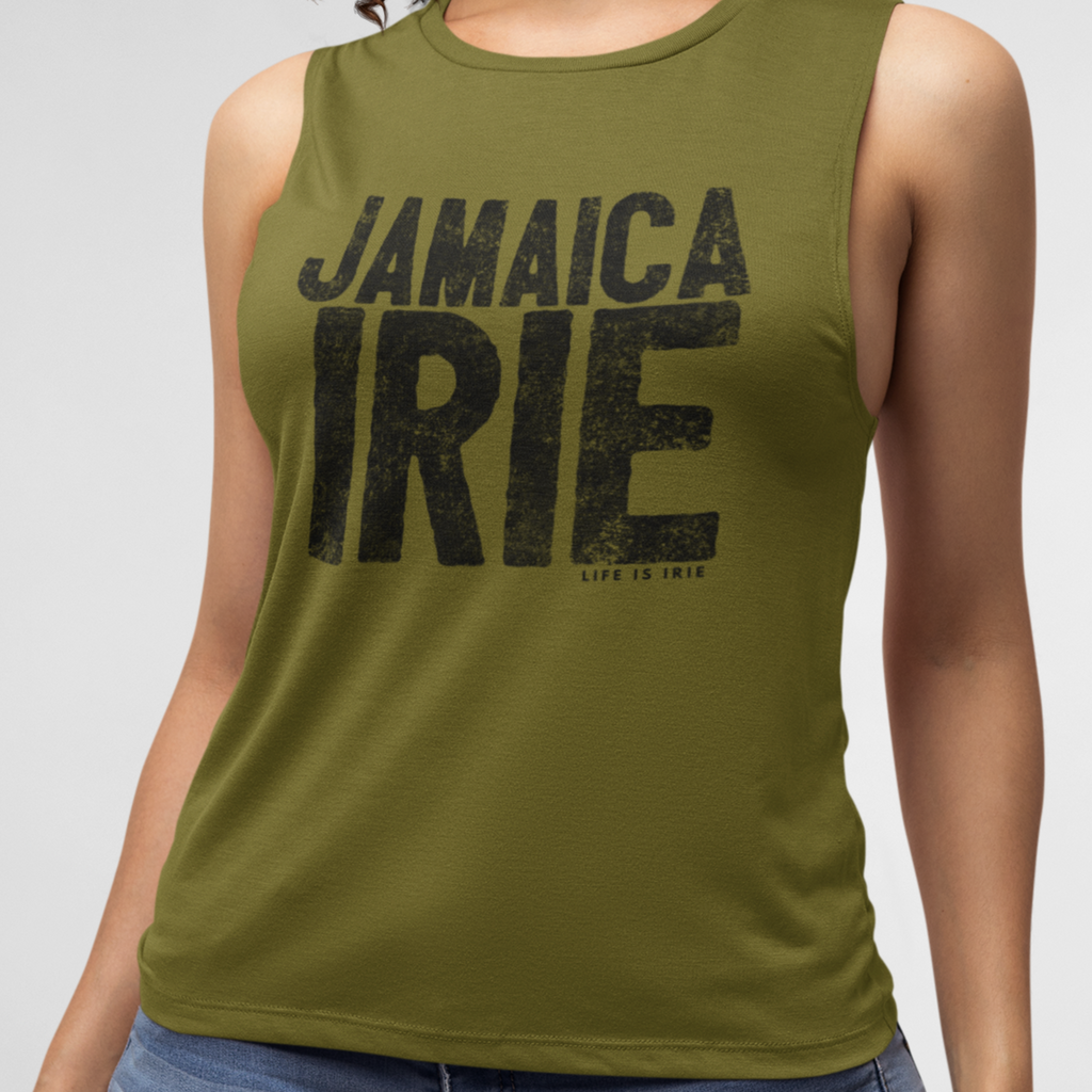 Soft and flowy Olive muscle tank with low cut armholes. Front featuring "Jamaica irie" text