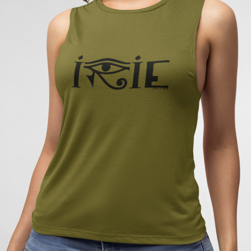 Olive women's knit muscle tank top featuring "irie horus" art graphic.