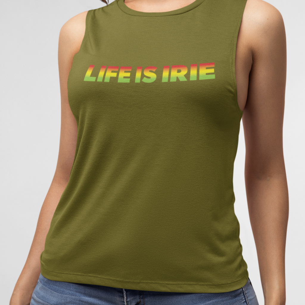 Soft and flowy Olive muscle tank with low cut armholes.Front featuring "life is irie" text in Reggae colors red, gold, green.