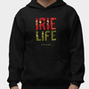 Black knit pullover featuring front "irie life" text in Reggae colors of red, gold, green.