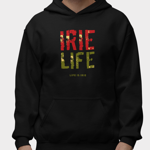 Black knit pullover featuring front "irie life" text in Reggae colors of red, gold, green.