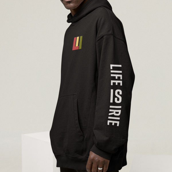 Gender neutral pullover hoodie featuring front red, gold, green icon.  On both sleeves "LIFE IS IRIE" text.