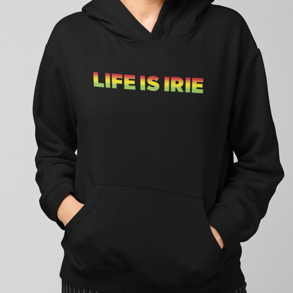 Gender neutral knit pullover in Black featuring front "LIFE IS IRIE" text in Reggae colors of red, gold, green.