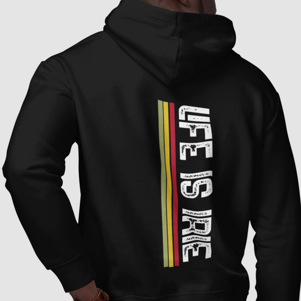 Gender neutral knit pullover hoodie in Black featuring on back "life is irie" text with Reggae colors, red, gold, and green.