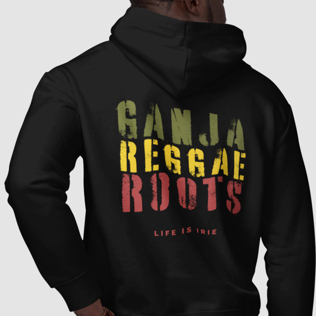 Gender neutral pullover featuring front and back "ganja reggae roots" text in red, gold, green.