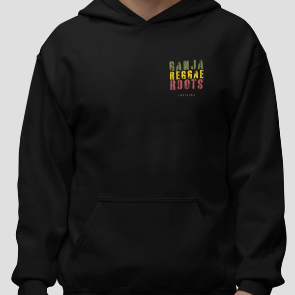 Gender neutral pullover featuring front and back "ganja reggae roots" text in red, gold, green.