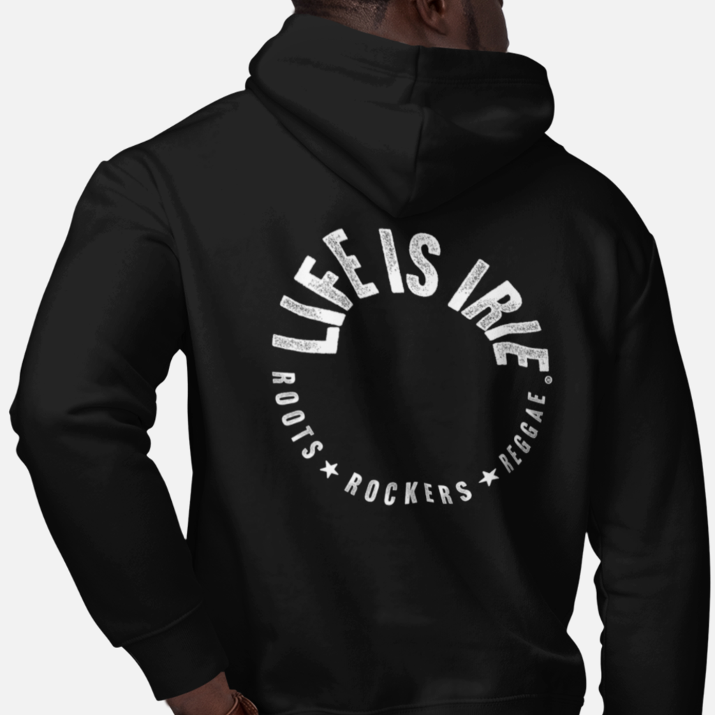 Gender neutral pullover hoodie in Black featuring front and back "life is irie roots rockers reggae" text.