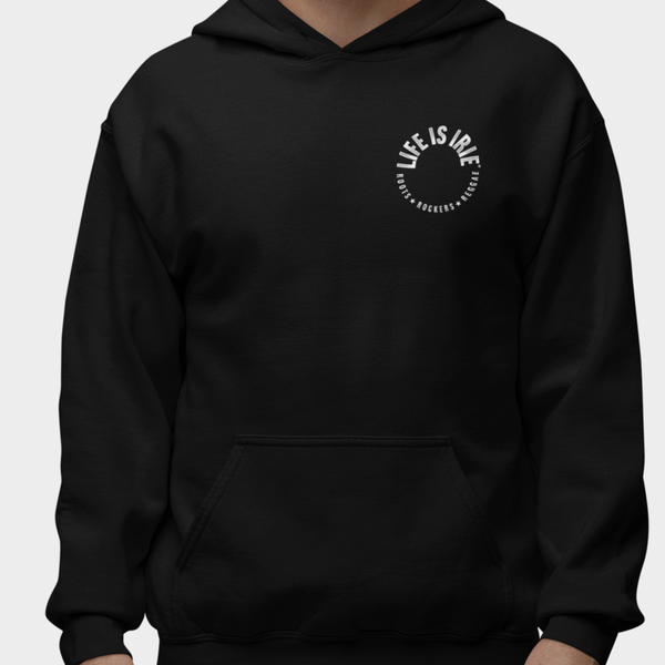 Gender neutral pullover hoodie in Black featuring front and back "life is irie roots rockers reggae" text.