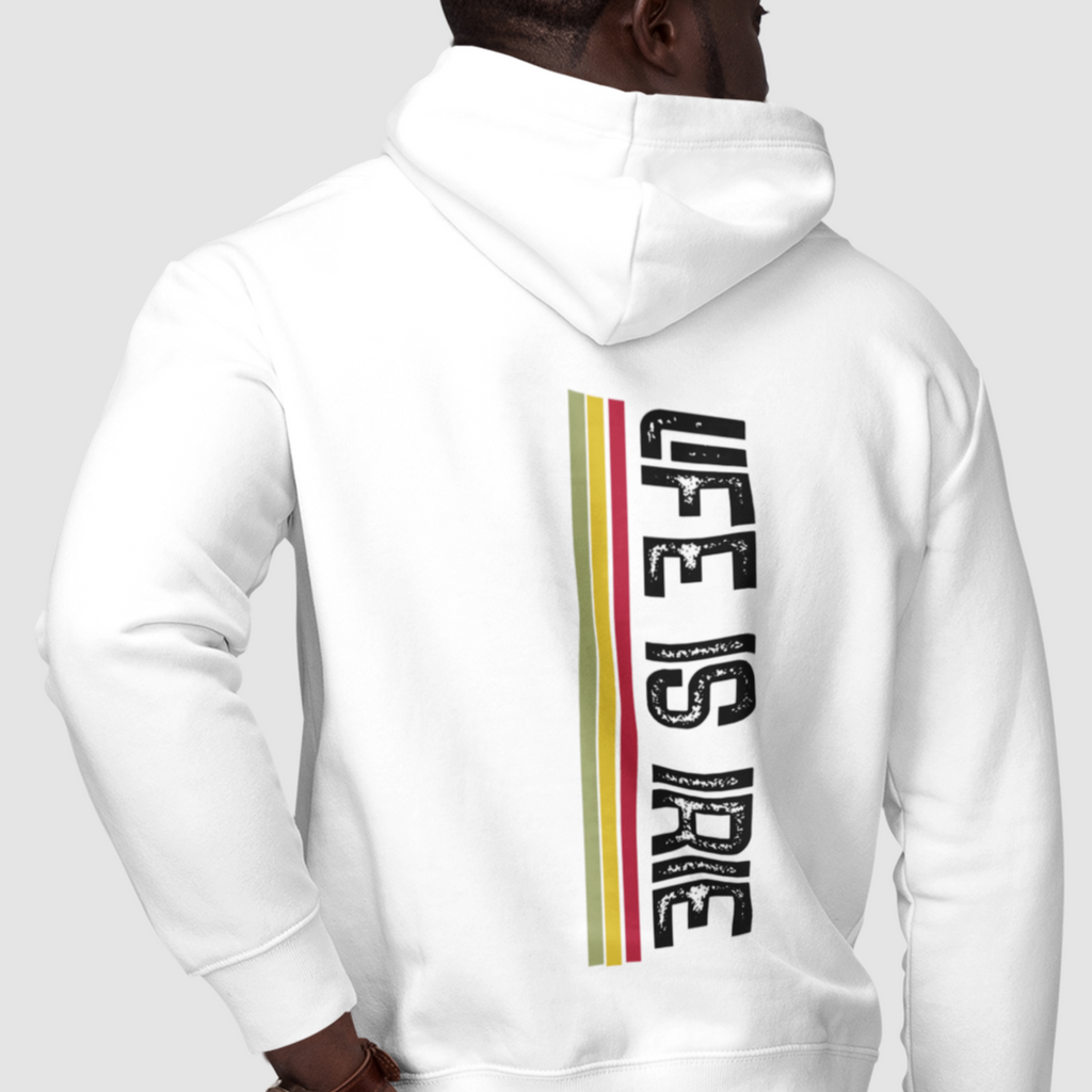 Gender neutral knit pullover hoodie in White featuring on back "life is irie" text with Reggae colors, red, gold, and green.