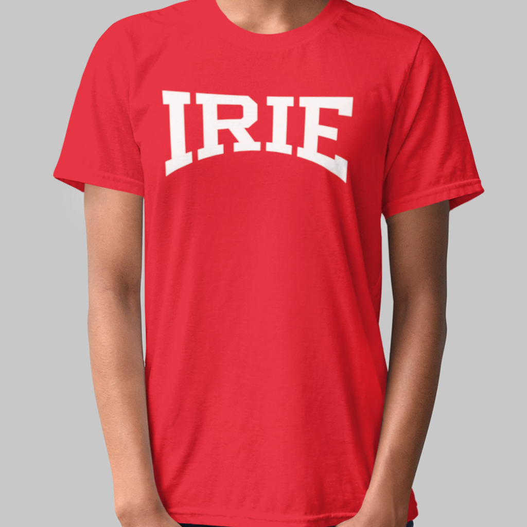 Red knit t-shirt featuring front "IRIE" text graphic