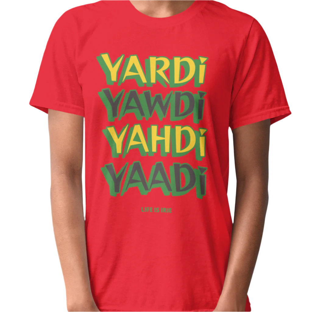 Red knit t-shirt featuring front text graphic "Yardi, Yawdi, Yahdi, Yaadi"