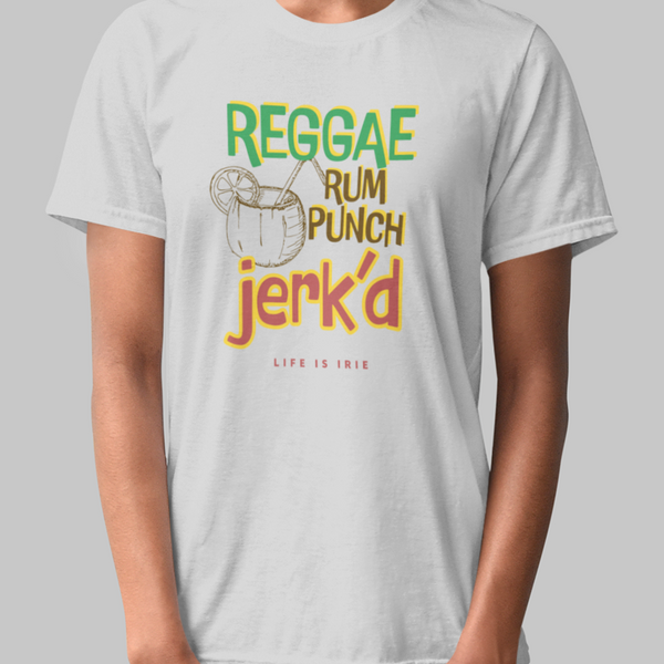 Ash tshirt featuring front text graphic 'Reggae Rum Punch Jerk'd