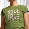 Leaf color t-shirt featuring "Soul irie" text  in pink 