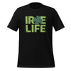 Black knit t-shirt featuring front four leaf clover graphic in green