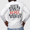 Knit long-sleeve t-shirt in White featuring on back "roots, rockers, reggae, rebel, rastafari, respect" text graphic.