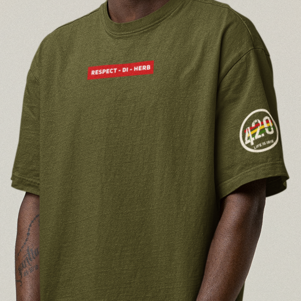 Knit tee featuring front "respect di herb" text graphic.  On the sleeve "420" stripes with Reggae colors of red, gold, green