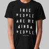 Black knit tee featuring front "irie people are my kinda people" text graphic.