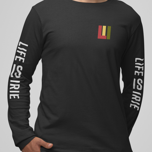 Knit long sleeve t-shirt in dark heather grey, featuring front 'life is irie' icon.  Sleeves featuring "life is irie" text graphic.