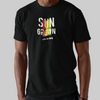 Black knit t-shirt featuring front "sun grown" text graphic in Reggae colors of red, gold, green.