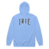  Cozy zip hoodie in blue featuring front and back "irie" text.   