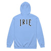  Cozy zip hoodie in blue featuring front and back "irie" text.   