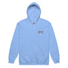  Cozy zip hoodie in blue featuring front and back "irie" text.   