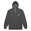  Cozy zip hoodie in grey featuring front and back "irie" text.   