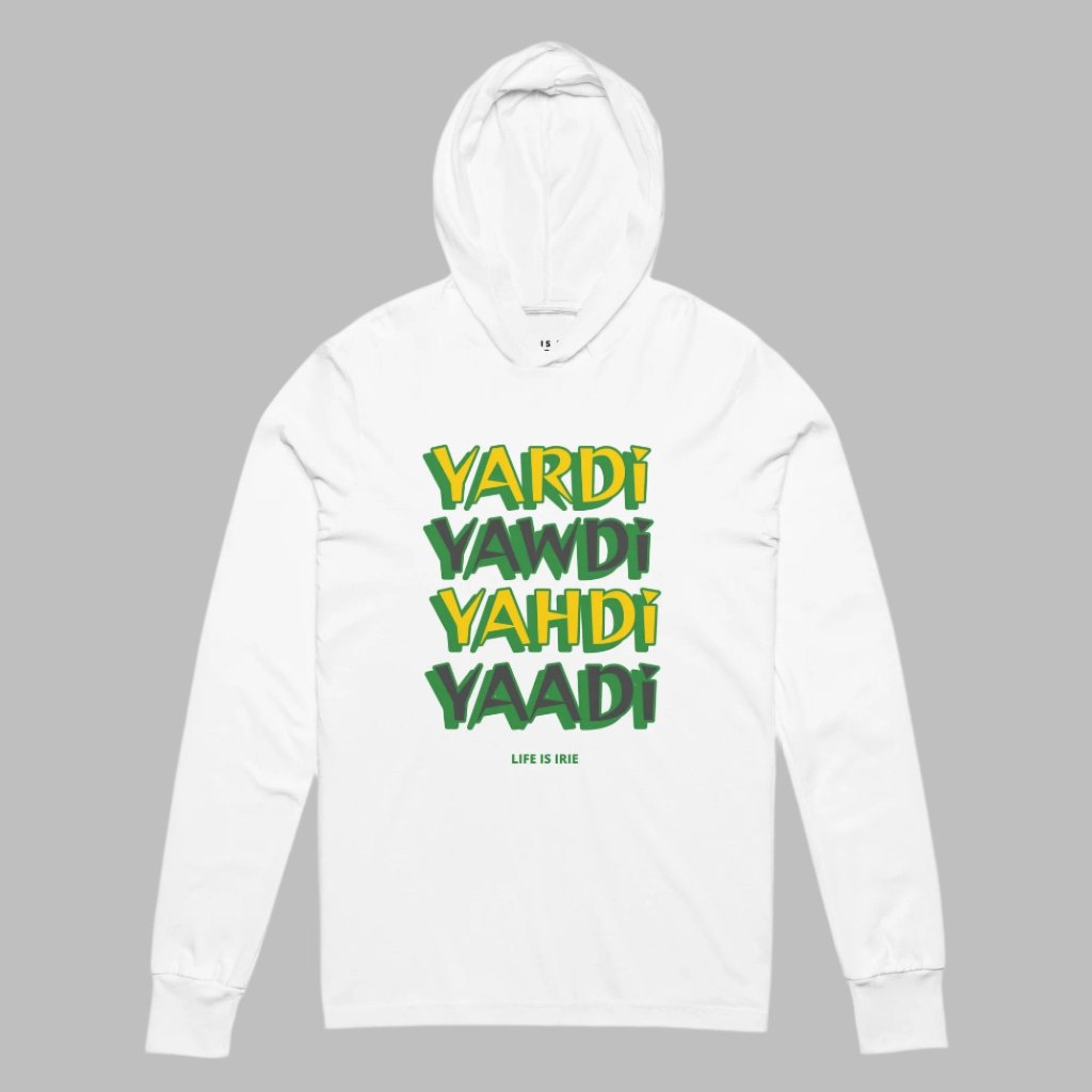 White gender neutral long sleeve t-shirt hoodie featuring front word graphic "Yardi, Yawdi, Yahdi, Yaadi" in black,gold and green colors