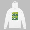 White gender neutral long sleeve t-shirt hoodie featuring front word graphic "Yardi, Yawdi, Yahdi, Yaadi" in black,gold and green colors