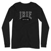 Black knit long-sleeve t-shirt featuring front "IRIE" text graphic . Gender neutral.