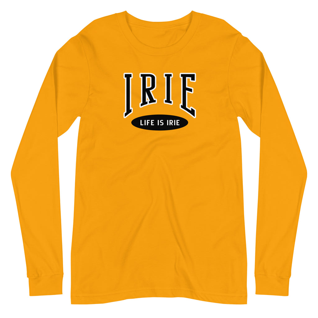 Gold knit long-sleeve t-shirt featuring front "IRIE" text graphic . Gender neutral.