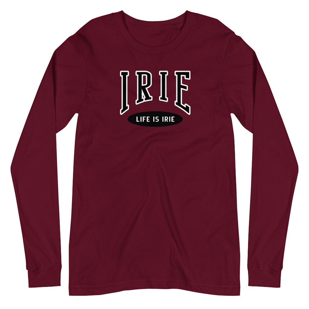 Maroon knit long-sleeve t-shirt featuring front "IRIE" text graphic . Gender neutral.