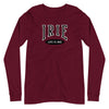 Maroon knit long-sleeve t-shirt featuring front "IRIE" text graphic . Gender neutral.