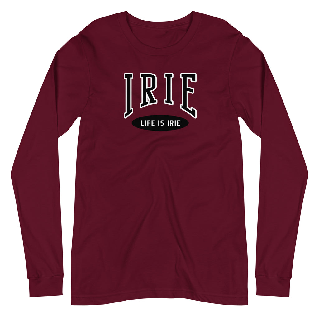 Maroon knit long-sleeve t-shirt featuring front "IRIE" text graphic . Gender neutral.