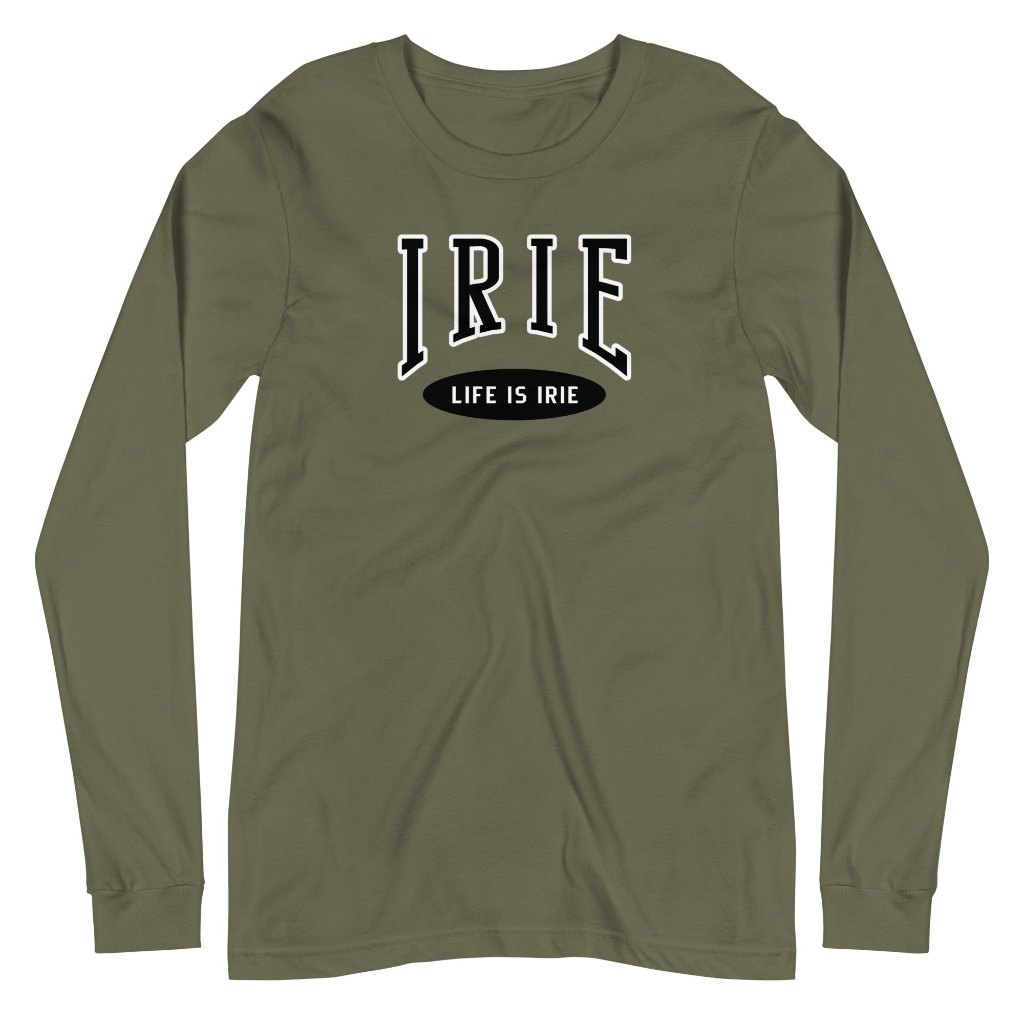 Military Green knit long-sleeve t-shirt featuring front "IRIE" text graphic . Gender neutral.