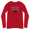 Red knit long-sleeve t-shirt featuring front "IRIE" text graphic . Gender neutral.