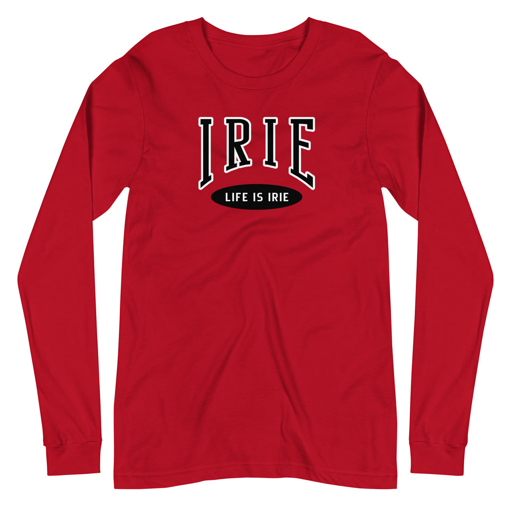 Red knit long-sleeve t-shirt featuring front "IRIE" text graphic . Gender neutral.