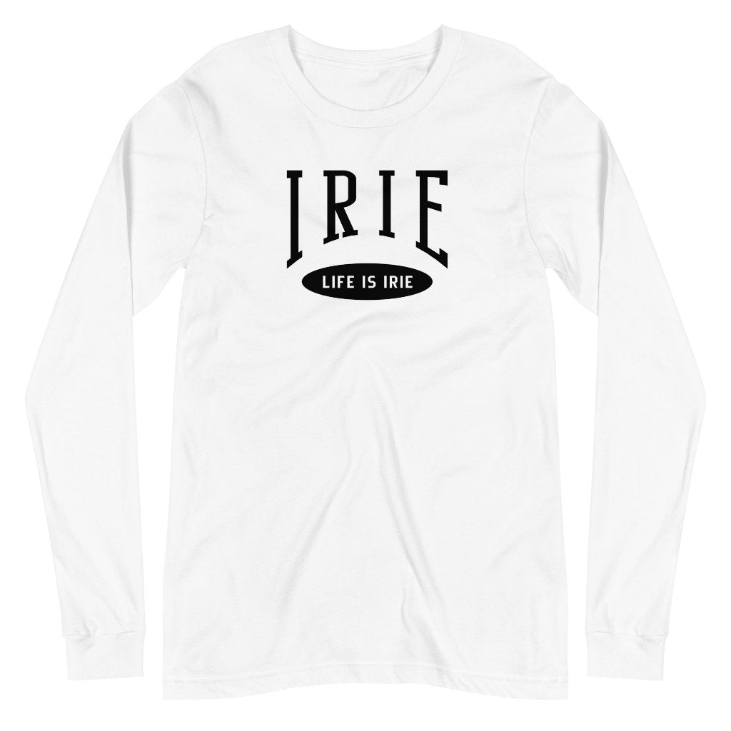 White knit long-sleeve t-shirt featuring front "IRIE" text graphic . Gender neutral.