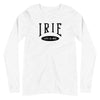 White knit long-sleeve t-shirt featuring front "IRIE" text graphic . Gender neutral.