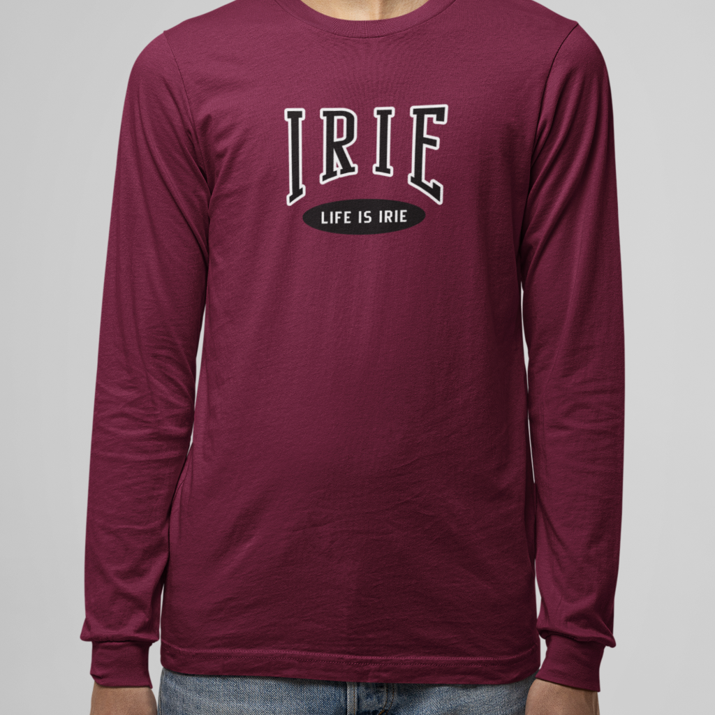 Maroon knit long-sleeve t-shirt featuring front "IRIE" text graphic . Gender neutral.