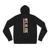 Gender neutral knit pullover hoodie in Black featuring on back "life is irie" text with Reggae colors, red, gold, and green.